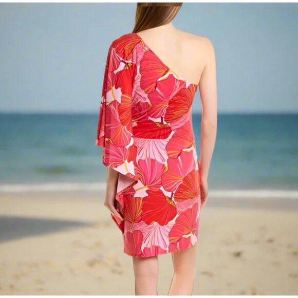 Trina Turk Mini Dress 12 Pink One Shoulder Floral Ruched Draped Bodycon - Picture 5 of 5
